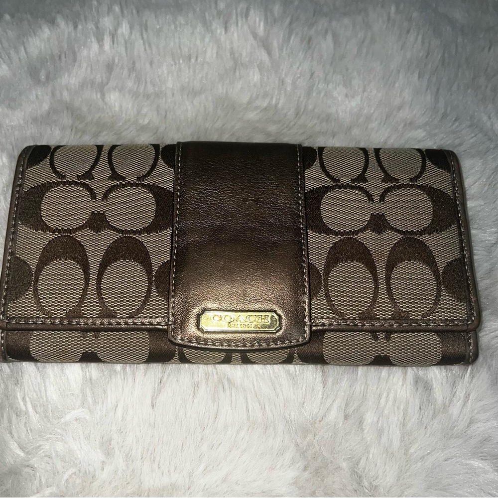 Coach Brown Signature Monogram Wallet with Lavender Interior